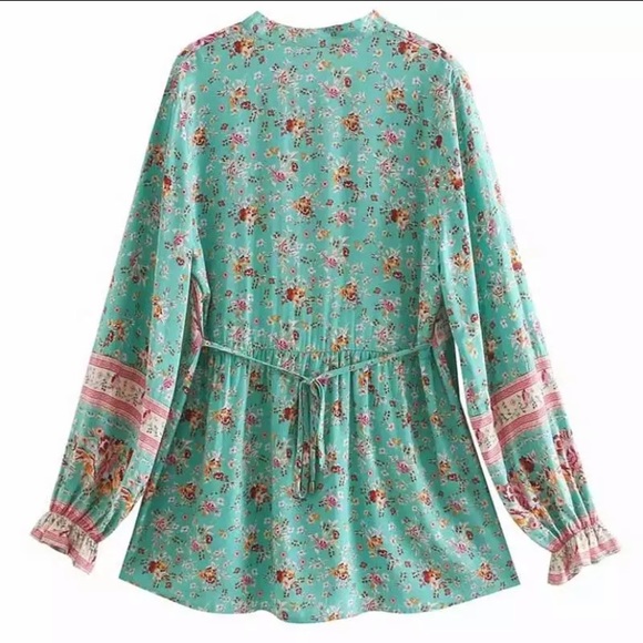 Turquoise Floral Bohemian Gypsy Button Blouse - Picture 3 of 7